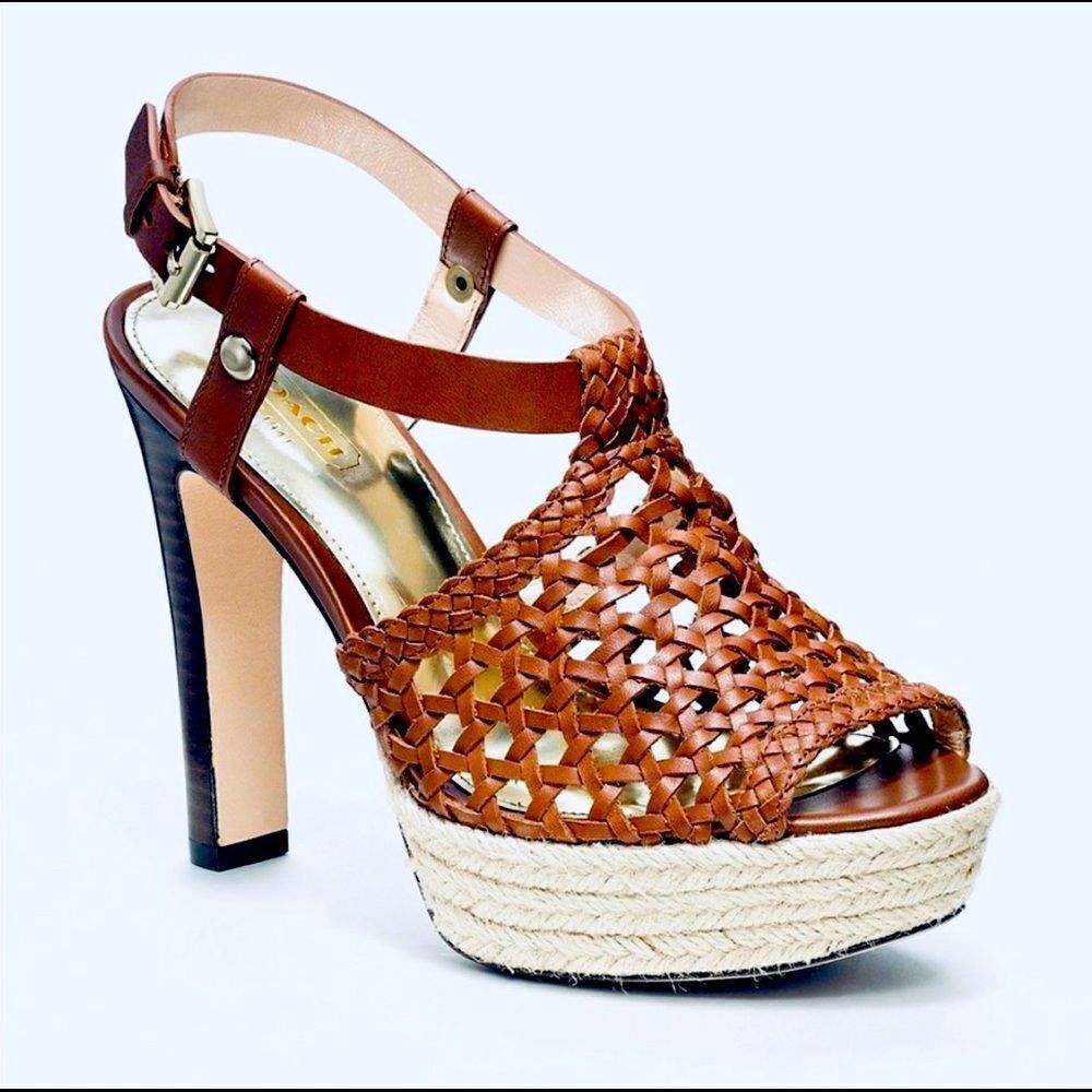Coach zany woven calf vachetta espadrille stacked stilletto heels shoes Sz 10 - Picture 1 of 7